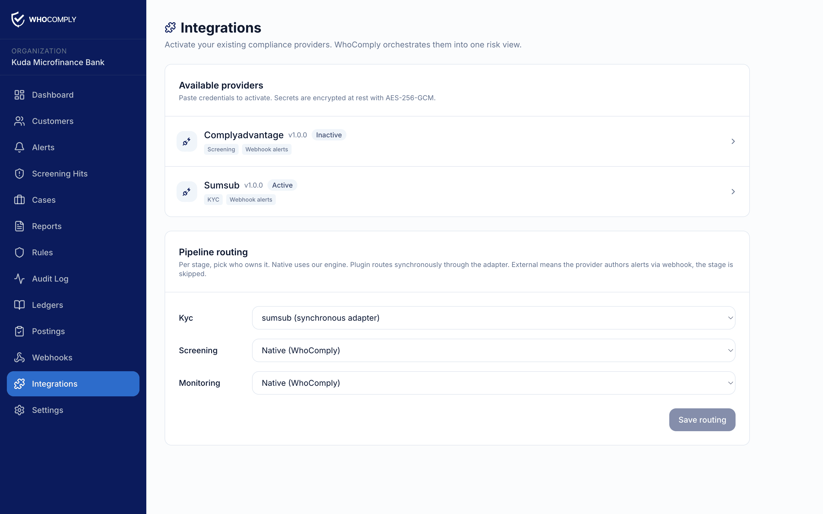 WhoComply Integrations dashboard